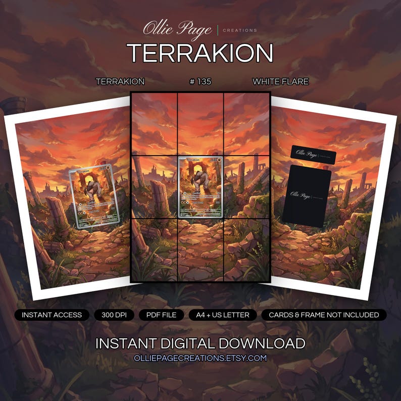 Terrakion 135/086 collector bundle — extended binder page plus 8x10 full-art and PSA framed prints in a Dramatic post-apocalyptic ruins landscape with vibrant orange sunset sky, glowing lava pools, ancient stone columns, and overgrown vegetation beneath epic golden clouds., printable digital download by Ollie Page Creations