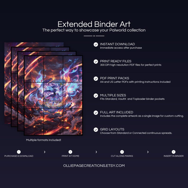 Product feature overview for Katress extended binder art — 300 DPI print-ready files, multiple sizes and grid layouts, instant digital download