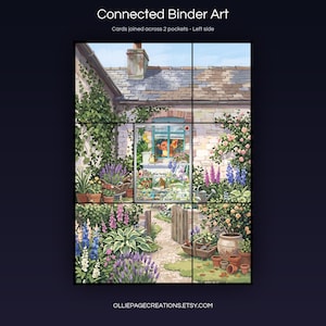and lush greenery surrounding a charming brick home with blue-framed window and slate roof.