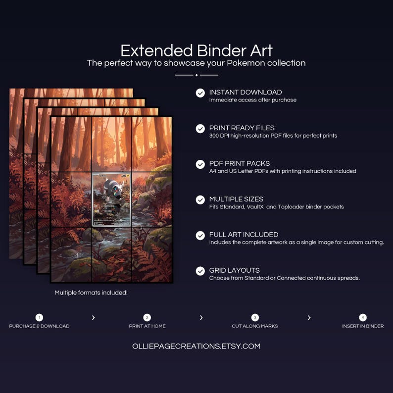 Product feature overview for Blitzle extended binder art — 300 DPI print-ready files, multiple sizes and grid layouts, instant digital download