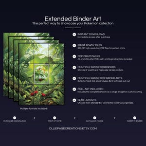 Collector bundle feature overview for Caterpie extended binder art — binder page grids plus 8x10, 5x7, 4x6 and PSA-style framed prints, 300 DPI instant digital download