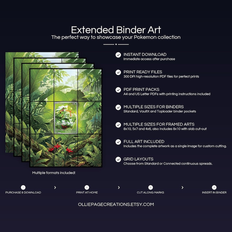 Collector bundle feature overview for Caterpie extended binder art — binder page grids plus 8x10, 5x7, 4x6 and PSA-style framed prints, 300 DPI instant digital download