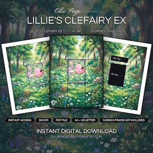 Lillie's Clefairy EX 184/159 collector bundle — extended binder page plus 8x10 full-art and PSA framed prints in a Vibrant forest clearing with sunlit tree canopy