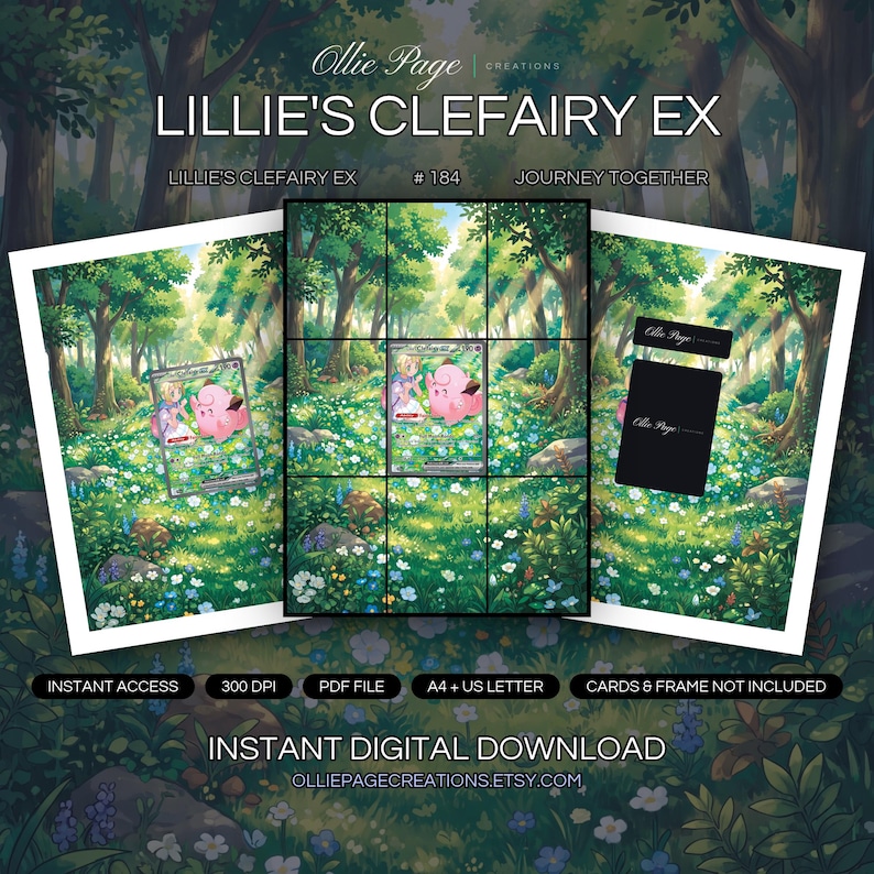 Lillie's Clefairy EX 184/159 collector bundle — extended binder page plus 8x10 full-art and PSA framed prints in a Vibrant forest clearing with sunlit tree canopy