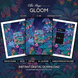Gloom 198/197 collector bundle — extended binder page plus 8x10 full-art and PSA framed prints in a Vibrant bioluminescent fantasy forest with neon pink flowers, glowing mushrooms, and starlit night sky creating magical ethereal atmosphere., printable digital download by Ollie Page Creations