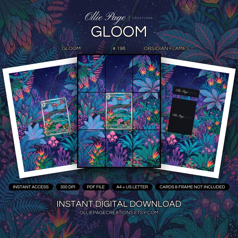 Gloom 198/197 collector bundle — extended binder page plus 8x10 full-art and PSA framed prints in a Vibrant bioluminescent fantasy forest with neon pink flowers, glowing mushrooms, and starlit night sky creating magical ethereal atmosphere., printable digital download by Ollie Page Creations