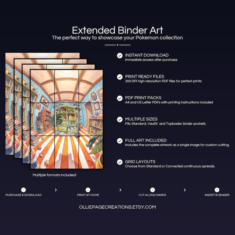 Product feature overview for Litten extended binder art — 300 DPI print-ready files, multiple sizes and grid layouts, instant digital download