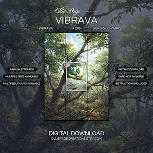 Vibrava 206/191 extended art binder page in a Lush forest canopy with towering trees, dappled sunlight filtering through emerald leaves, misty woodland atmosphere under bright sky., printable 9-pocket TCG display insert by Ollie Page Creations