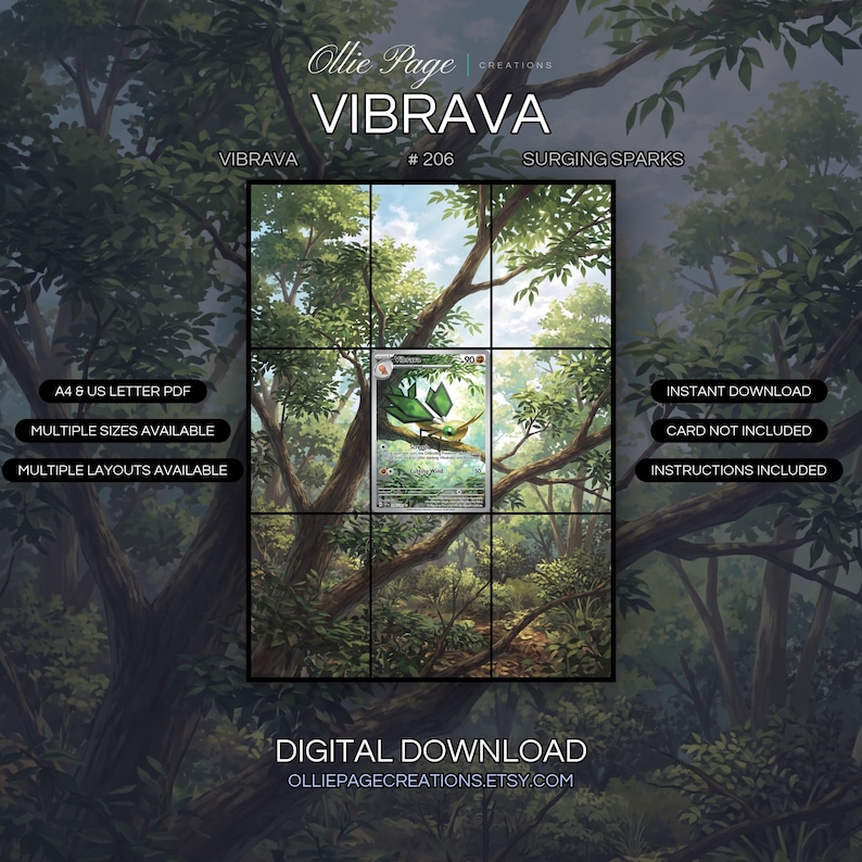 Vibrava 206/191 extended art binder page in a Lush forest canopy with towering trees, dappled sunlight filtering through emerald leaves, misty woodland atmosphere under bright sky., printable 9-pocket TCG display insert by Ollie Page Creations