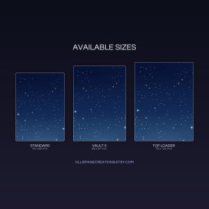 Ledian extended binder art size guide showing Standard, Vault X, and Top Loader printable card sleeve dimensions
