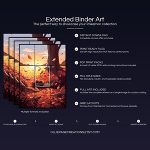 Product feature overview for Tepig extended binder art — 300 DPI print-ready files, multiple sizes and grid layouts, instant digital download