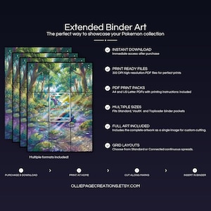 Product feature overview for Vaporeon extended binder art — 300 DPI print-ready files, multiple sizes and grid layouts, instant digital download