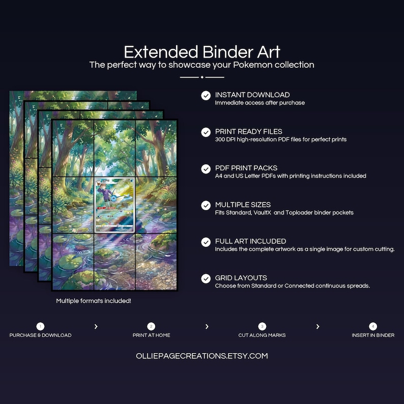 Product feature overview for Vaporeon extended binder art — 300 DPI print-ready files, multiple sizes and grid layouts, instant digital download