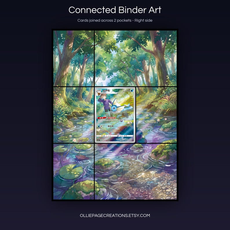 Vaporeon 003/008 connected binder art joining across two pockets, right side, printable extended card display for 9-pocket binders