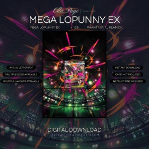 Mega Lopunny EX 128/094 extended art binder page in a Vibrant neon cityscape with dynamic orange and magenta energy streaks, glowing green mesh environment, and pulsing lights creating an electric, futuristic atmosphere., printable 9-pocket TCG display insert by Ollie Page Creations