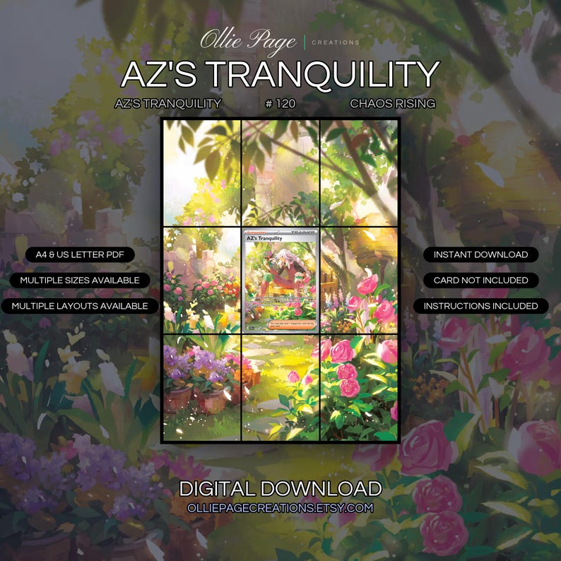 AZ's Tranquility 120/086 extended art binder page in a Vibrant garden courtyard bathed in golden sunlight