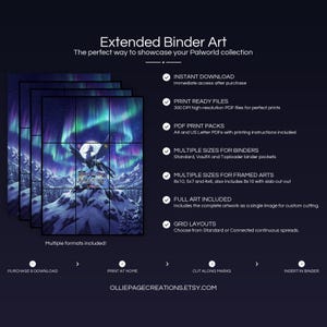Collector bundle feature overview for Shadowbeak extended binder art — binder page grids plus 8x10, 5x7, 4x6 and PSA-style framed prints, 300 DPI instant digital download