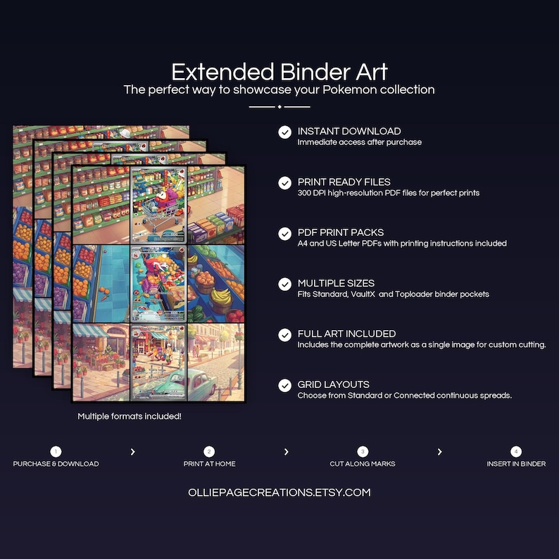 Product feature overview for Skeledirge Evolution extended binder art — 300 DPI print-ready files, multiple sizes and grid layouts, instant digital download