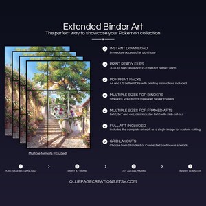 Collector bundle feature overview for Floragato extended binder art — binder page grids plus 8x10, 5x7, 4x6 and PSA-style framed prints, 300 DPI instant digital download