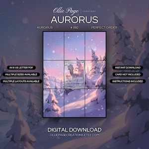 Aurorus 092/088 extended art binder page in a Magical winter landscape with snow-covered evergreen trees, soft pink and purple twilight sky, falling snowflakes, and glowing sunset lighting., printable 9-pocket TCG display insert by Ollie Page Creatio