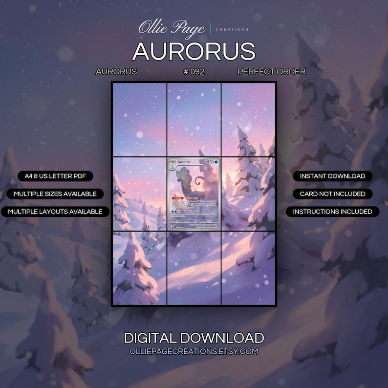 Aurorus 092/088 extended art binder page in a Magical winter landscape with snow-covered evergreen trees, soft pink and purple twilight sky, falling snowflakes, and glowing sunset lighting., printable 9-pocket TCG display insert by Ollie Page Creatio