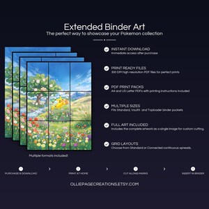 Product feature overview for Pikachu extended binder art — 300 DPI print-ready files, multiple sizes and grid layouts, instant digital download