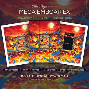 Mega Emboar EX 273/217 collector bundle — extended binder page plus 8x10 full-art and PSA framed prints in a Dramatic volcanic landscape with blazing inferno