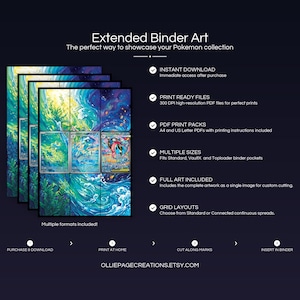Product feature overview for Mega Greninja Evolution extended binder art — 300 DPI print-ready files, multiple sizes and grid layouts, instant digital download