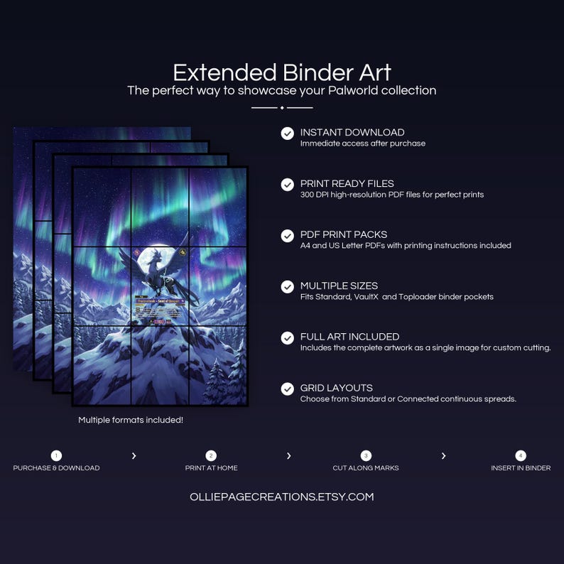 Product feature overview for Shadowbeak extended binder art — 300 DPI print-ready files, multiple sizes and grid layouts, instant digital download