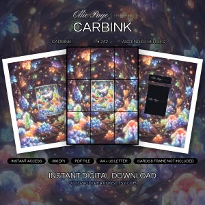 Carbink 242/214 collector bundle — extended binder page plus 8x10 full-art and PSA framed prints in a Luminous crystal cavern with glowing multicolored gemstones