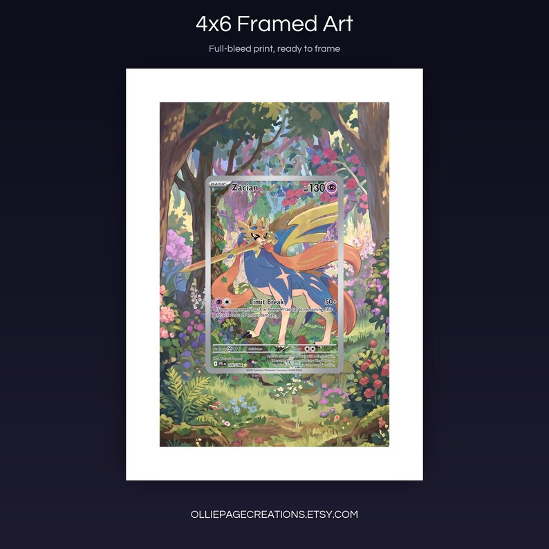 Zacian 100/094 4x6 full-bleed framed art print, ready to frame, Phantasmal Flames