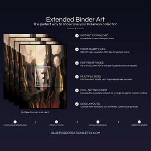 Product feature overview for Charmeleon extended binder art — 300 DPI print-ready files, multiple sizes and grid layouts, instant digital download