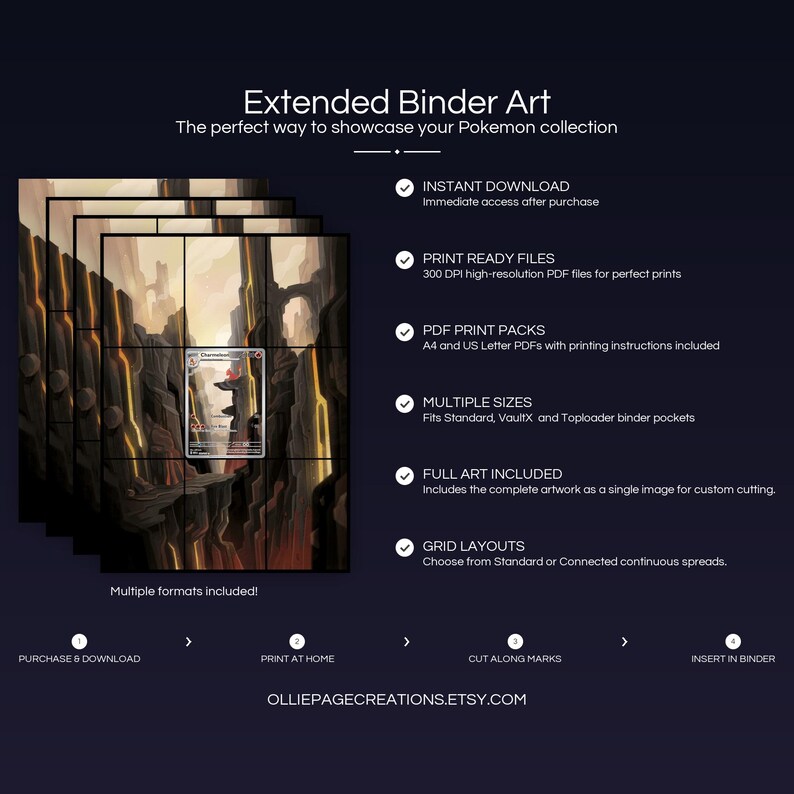 Product feature overview for Charmeleon extended binder art — 300 DPI print-ready files, multiple sizes and grid layouts, instant digital download