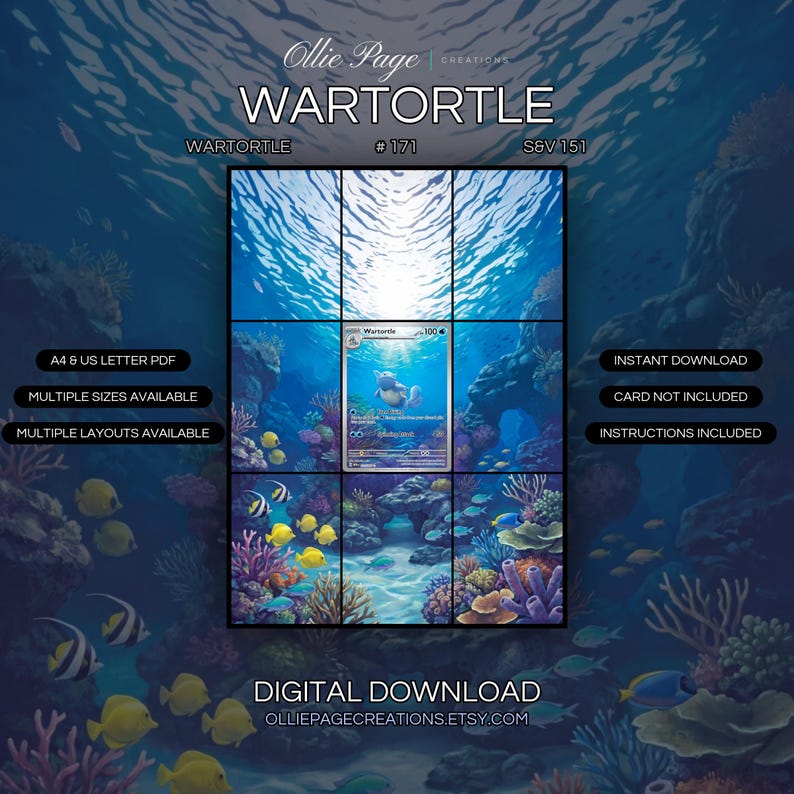 Wartortle 171/165 extended art binder page in a Vibrant underwater coral reef scene with colorful fish, radiating sunlight filtering through blue water, diverse coral formations, and sandy bottom creating a serene marine environment., printable 9-pocket TCG display insert by Ollie Page Creations