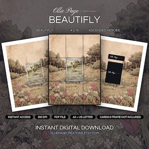 Beautifly 219/217 collector bundle — extended binder page plus 8x10 full-art and PSA framed prints in a Serene pastoral meadow with pink tulips and white flowers