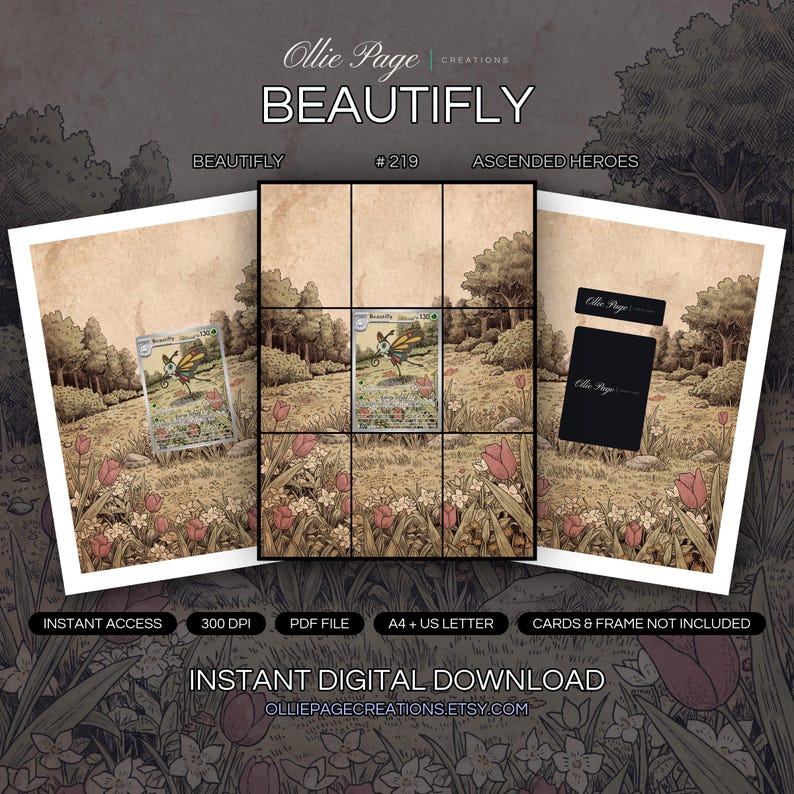 Beautifly 219/217 collector bundle — extended binder page plus 8x10 full-art and PSA framed prints in a Serene pastoral meadow with pink tulips and white flowers