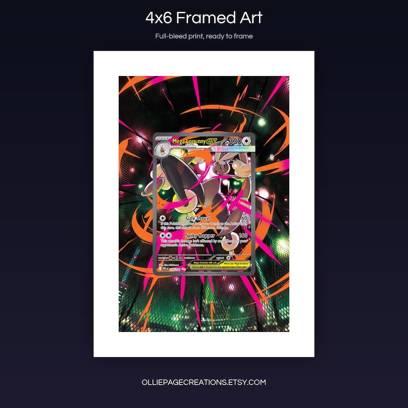 Mega Lopunny EX 128/094 4x6 full-bleed framed art print, ready to frame, Phantasmal Flames
