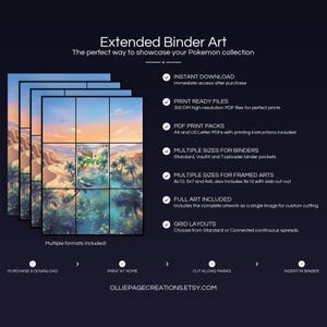 Collector bundle feature overview for Flygon extended binder art — binder page grids plus 8x10, 5x7, 4x6 and PSA-style framed prints, 300 DPI instant digital download