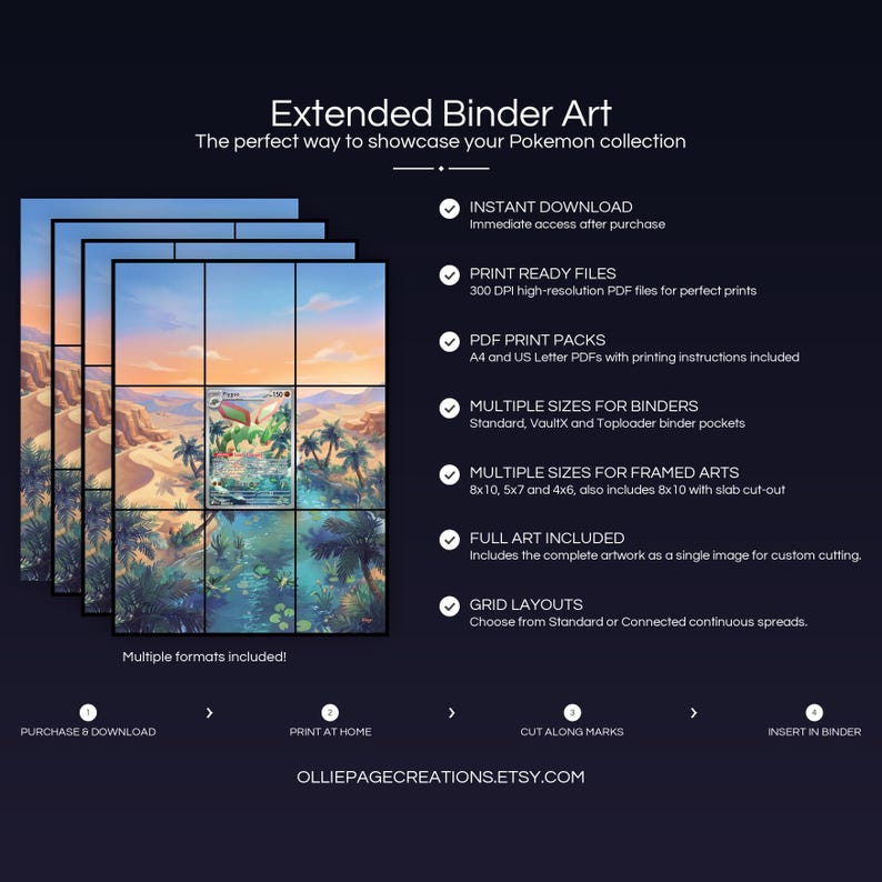 Collector bundle feature overview for Flygon extended binder art — binder page grids plus 8x10, 5x7, 4x6 and PSA-style framed prints, 300 DPI instant digital download