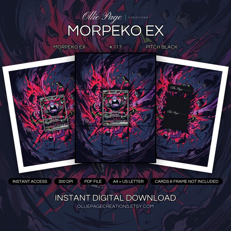 Morpeko EX 117/084 collector bundle — extended binder page plus 8x10 full-art and PSA framed prints in a Dramatic crimson and purple vortex with swirling energy