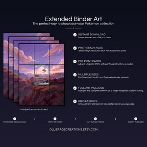 Product feature overview for Charizard EX extended binder art — 300 DPI print-ready files, multiple sizes and grid layouts, instant digital download