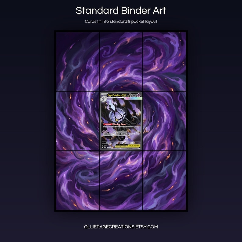 Mega Chandelure EX 115/084 extended art 3x3 grid layout, full 9-pocket binder page display printable, Pitch Black collector insert