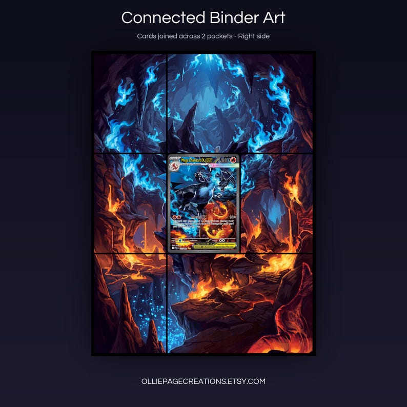Product feature overview for Mega Charizard X EX extended binder art — 300 DPI print-ready files