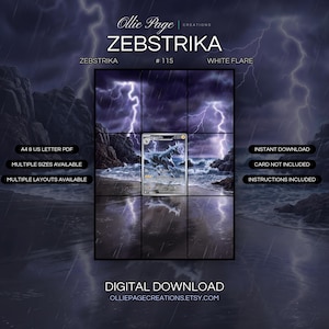 Zebstrika 115/086 extended art binder page in a Dramatic stormy beach scene with intense purple lightning, crashing waves, dark rocky cliffs, heavy rain, and moody atmospheric lighting during tempestuous weather., printable 9-pocket TCG display insert by Ollie Page Creations