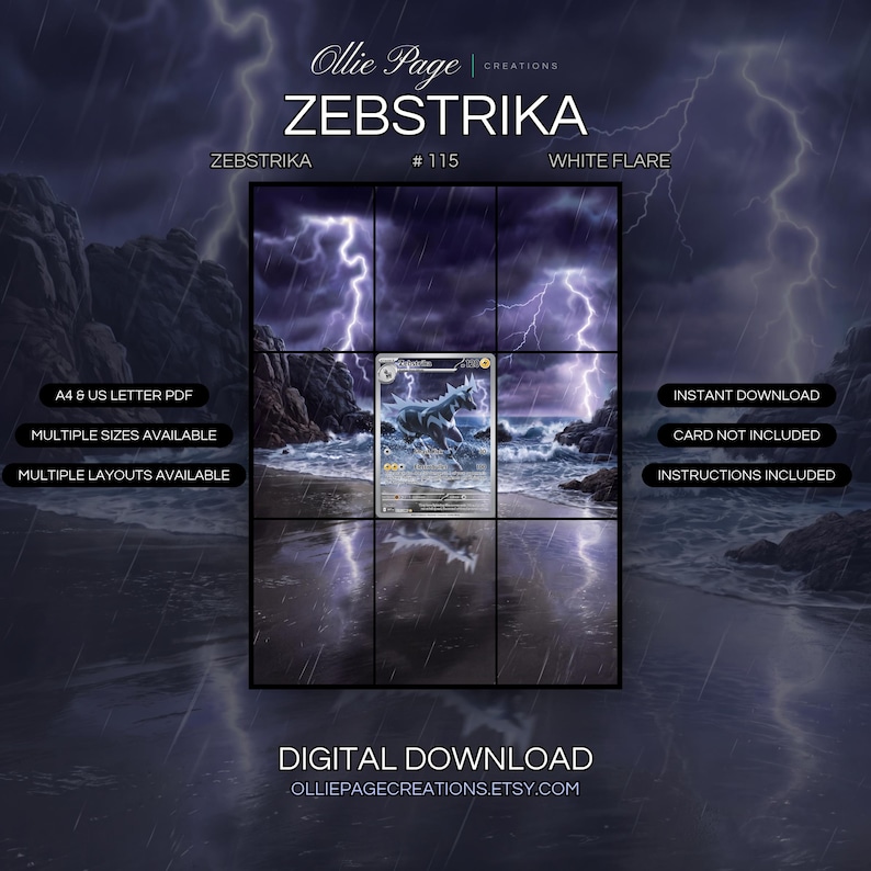 Zebstrika 115/086 extended art binder page in a Dramatic stormy beach scene with intense purple lightning, crashing waves, dark rocky cliffs, heavy rain, and moody atmospheric lighting during tempestuous weather., printable 9-pocket TCG display insert by Ollie Page Creations