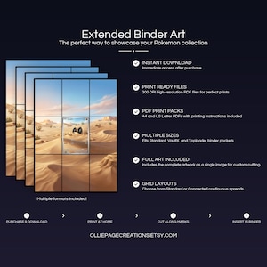Product feature overview for Sandile extended binder art — 300 DPI print-ready files, multiple sizes and grid layouts, instant digital download