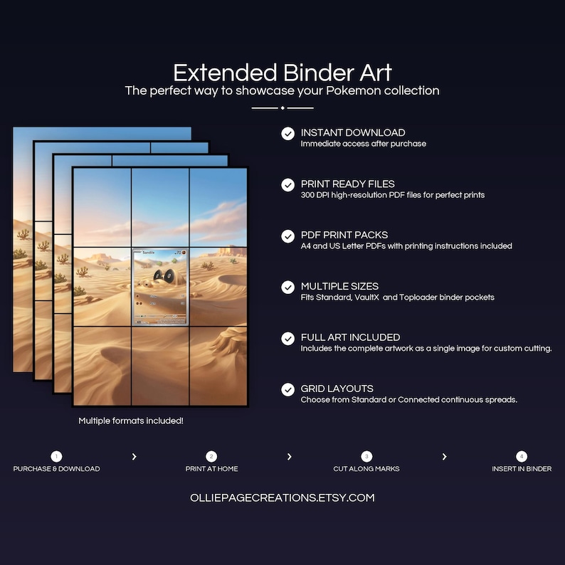 Product feature overview for Sandile extended binder art — 300 DPI print-ready files, multiple sizes and grid layouts, instant digital download