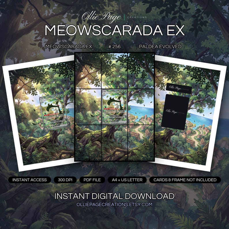 Meowscarada EX 256/193 collector bundle — extended binder page plus 8x10 full-art and PSA framed prints in a Lush forest canopy with ancient gnarled trees