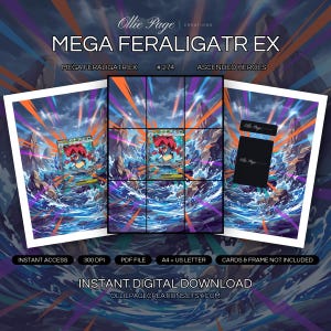 Mega Feraligatr EX 274/217 collector bundle — extended binder page plus 8x10 full-art and PSA framed prints in a Dramatic canyon landscape with swirling blue water, radiating orange and purple energy beams, rocky formations, and stormy sky atmosphere