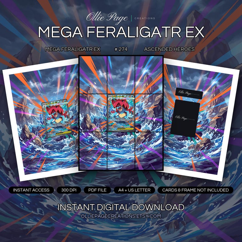 Mega Feraligatr EX 274/217 collector bundle — extended binder page plus 8x10 full-art and PSA framed prints in a Dramatic canyon landscape with swirling blue water, radiating orange and purple energy beams, rocky formations, and stormy sky atmosphere